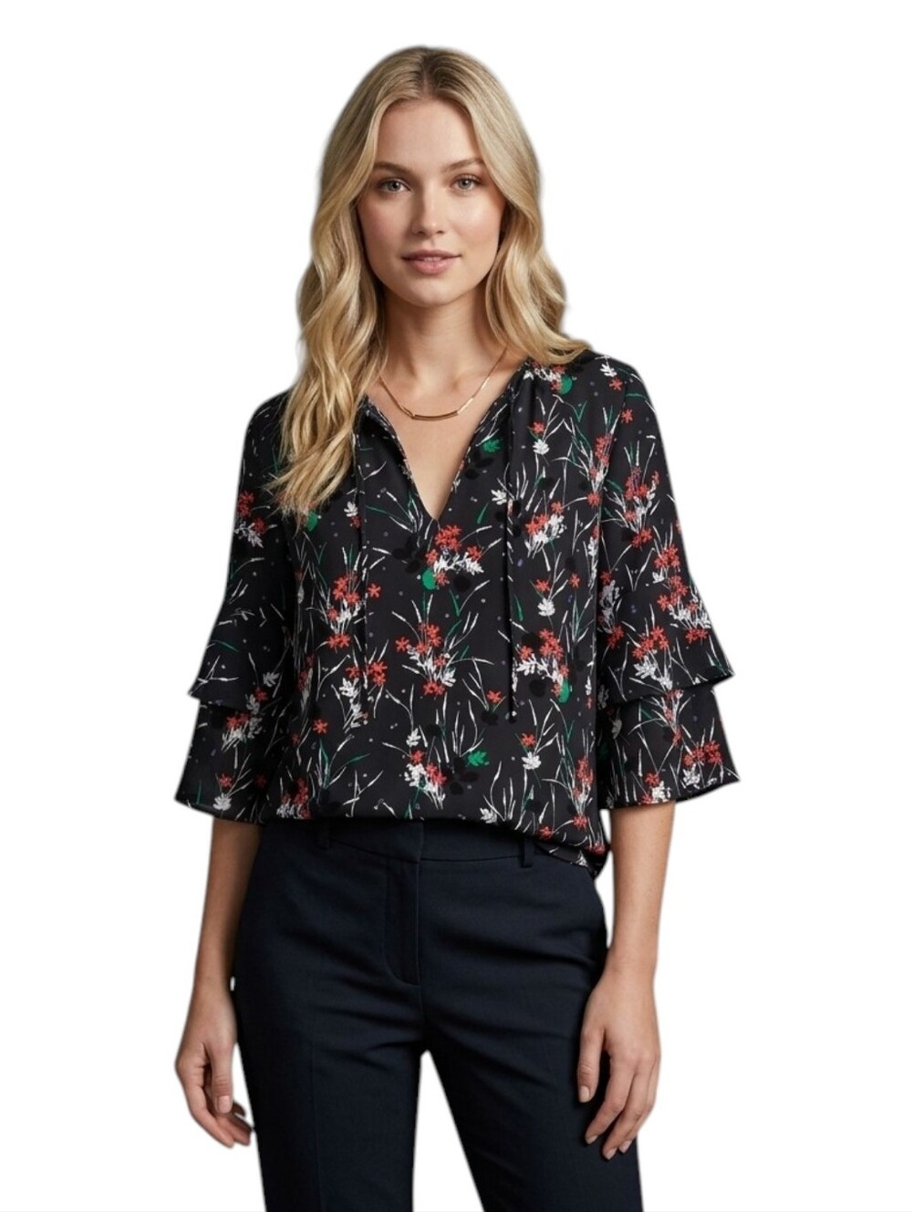 GAP Black Floral 3/4 Ruffle Sleeve Split V-Neck Pullover Blouse Top Sz Medium